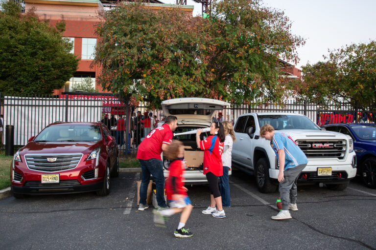 Friends from Bluebell before heading into Game 4 of the Phillies playoff series game on October 12 2023. (Emily Cohen for WHYY)
