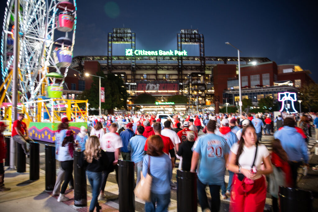10122023-e cohen- phillies fans tailgate- citzens bank park-0199 Fans stream into Citzens Bank Park for Game 4 of the Phillies playoff series game on October 12 2023. (Emily Cohen for WHYY)