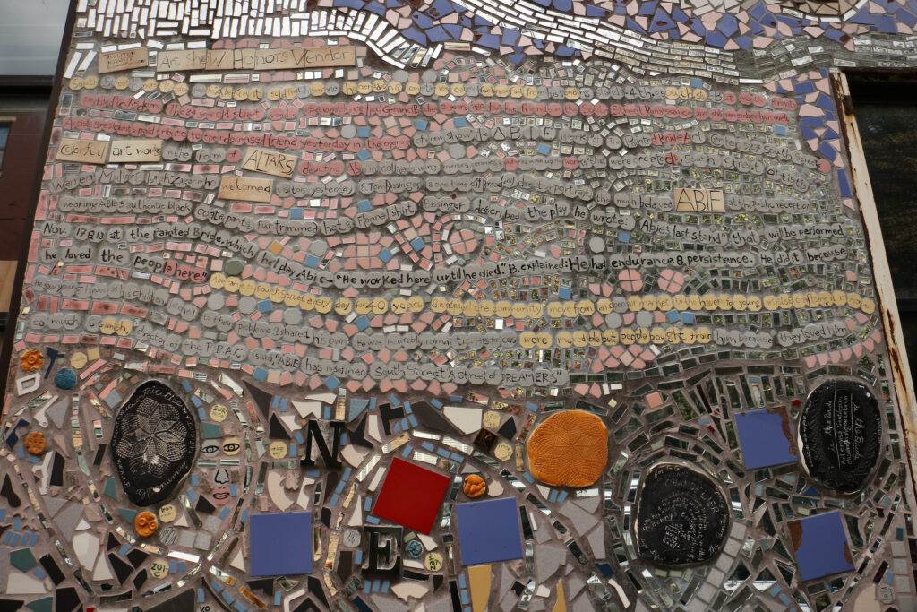 A portion of the "Skin of the Bride" mural honors South Street horseradish vendor Abie Kravitz.