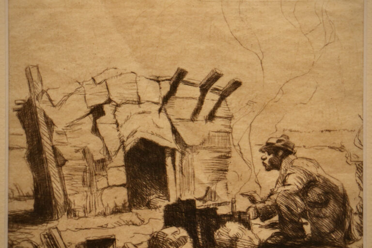 A print showing a person outside of a house by a fire.