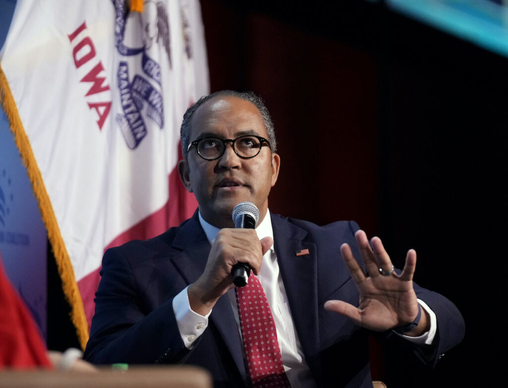 Election 2024 Republicans Iowa Republican presidential candidate and former U.S. Rep. Will Hurd speaks at the Iowa Faith & Freedom Coalition's fall banquet, Saturday, Sept. 16, 2023, in Des Moines, Iowa