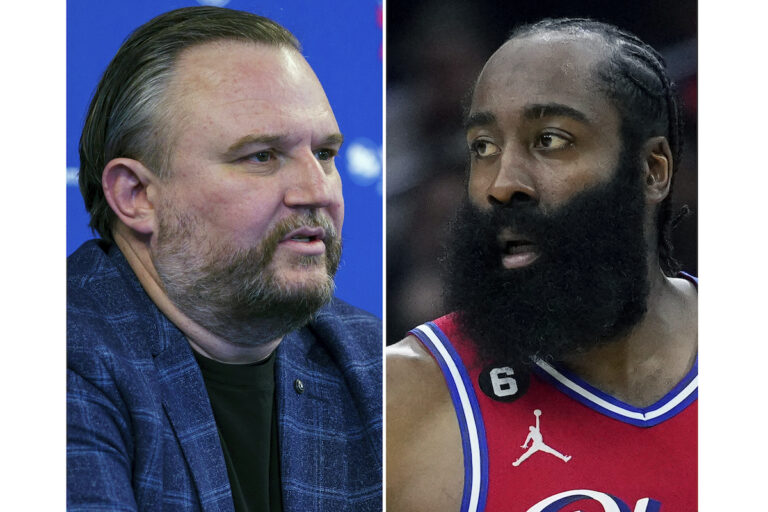 Philadelphia 76ers general manager Daryl Morey (left) in Camden, N.J., Feb. 15, 2022. 76ers' James Harden (right) in Philadelphia, March 31, 2023.