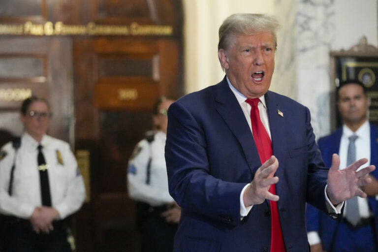 Former President Donald Trump speaks to the media before entering the courtroom at New York Supreme Court, Wednesday, Oct. 4, 2023, in New York.