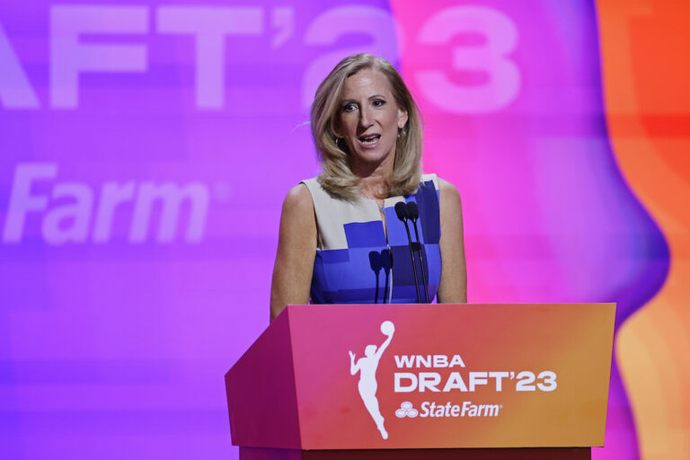 File photo: Commissioner Cathy Engelbert speaks at the WNBA basketball draft Monday, April 10, 2023, in New York. The WNBA has agreed to grant Golden State an expansion franchise in 2025. While the deal hasn’t been finalized, WNBA Commissioner Cathy Engelbert is expected to be in the Bay Area on Thursday, Oct. 5, to announce the new franchise, according to a person familiar with the situation.