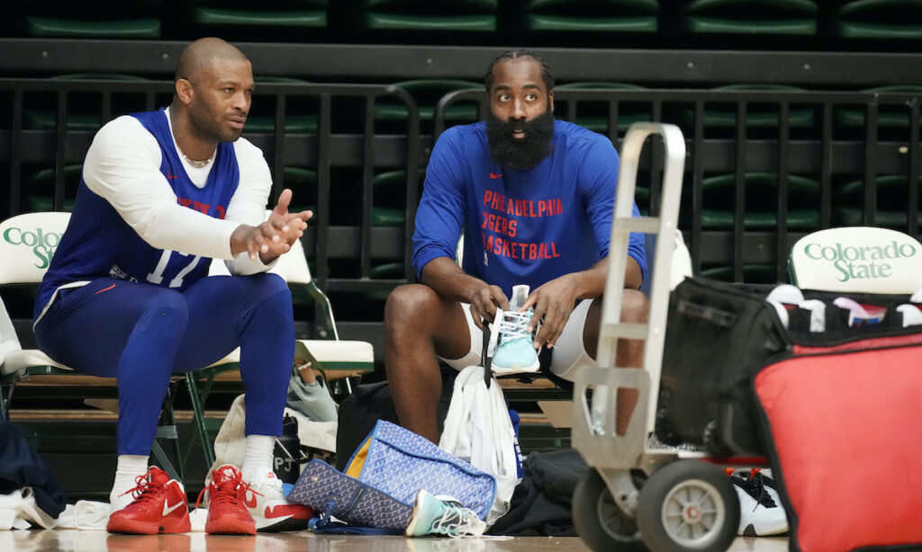 76ers Harden Basketball Philadelphia 76ers forward P.J. Tucker, left, chats with guard James Harden during the NBA basketball team's practice on Thursday, Oct. 5, 2023, in Fort Collins, Colo.
