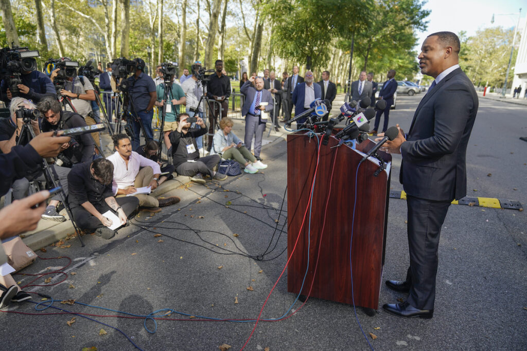 Breon Peace United States Attorney for the Eastern District of New York Breon Peace talks to reporters after Frank James was sentenced in New York, Thursday, Oct. 5, 2023. James, the man who wounded 10 people in a rush-hour subway shooting in New York City last year, has been sentenced to life in prison. (AP Photo/Seth Wenig)