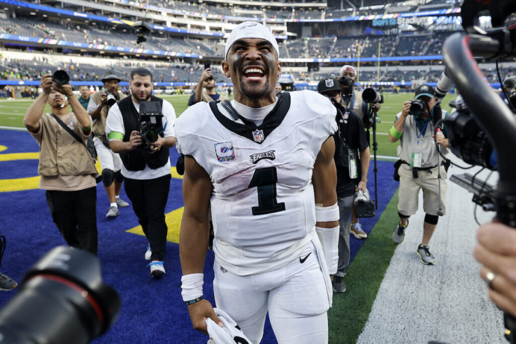 Jalen Hurts Philadelphia Eagles quarterback Jalen Hurts celebrates after the Eagles defeated the Los Angeles Rams 23-14 in an NFL football game Sunday, Oct. 8, 2023, in Inglewood, Calif.