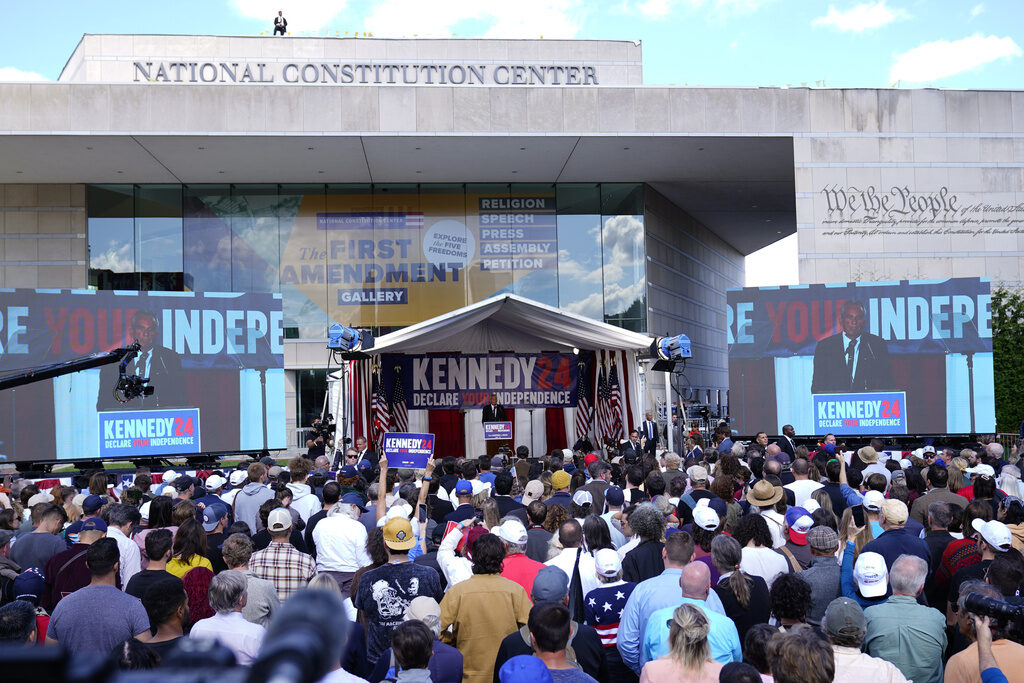 Robert F. Kennedy, Jr. Presidential candidate Robert F. Kennedy, Jr. speaks during a campaign event at Independence Mall, Monday, Oct. 9, 2023, in Philadelphia. (AP Photo/Matt Rourke)