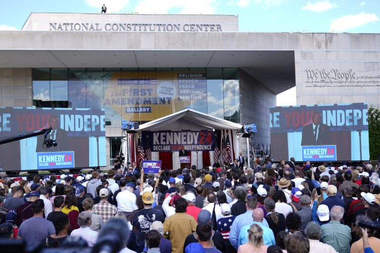 Presidential candidate Robert F. Kennedy, Jr. speaks during a campaign event at Independence Mall, Monday, Oct. 9, 2023, in Philadelphia. (AP Photo/Matt Rourke)