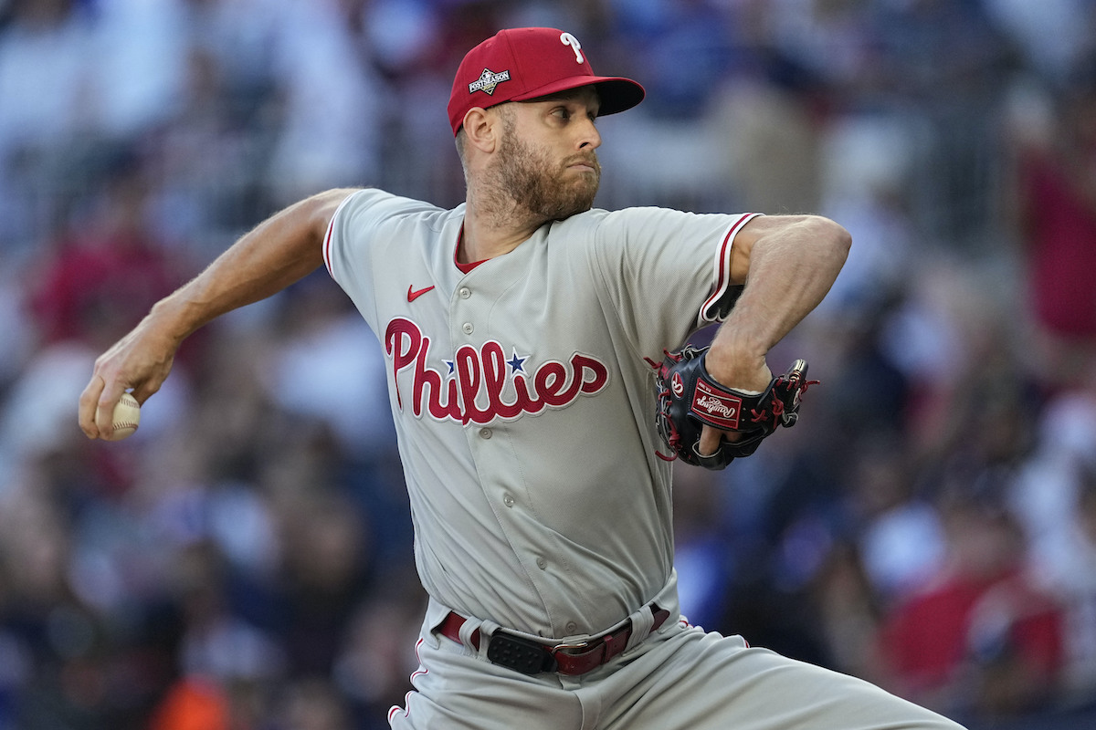 NLDS Philles Braves Baseball Philadelphia Phillies starting pitcher Zack Wheeler (45) works from the mound in the first inning of Game 2 of a baseball NL Division Series against the Atlanta Braves, Monday, Oct. 9, 2023, in Atlanta.