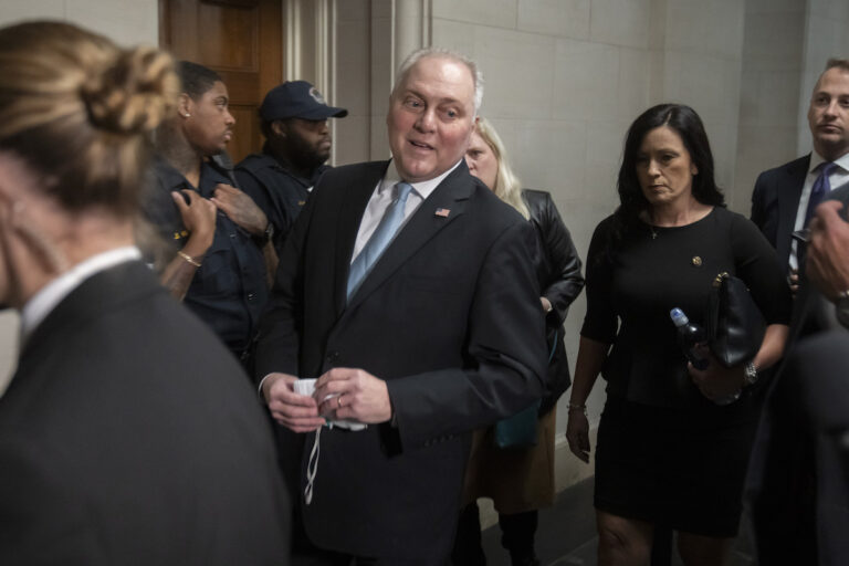 House Majority Leader Steve Scalise of La., speaks to reporters as he arrives for a meeting of House Republicans to vote on candidates for Speaker of the House on Capitol Hill, Wednesday, Oct. 11, 2023 in Washington. Stalemated over a new House speaker, the Republican majority is scheduled to convene behind closed doors to try to vote on a nominee. But lawmakers say Wednesday's private ballots to replace ousted Speaker Kevin McCarthy could take a while. (AP Photo/Mark Schiefelbein)
