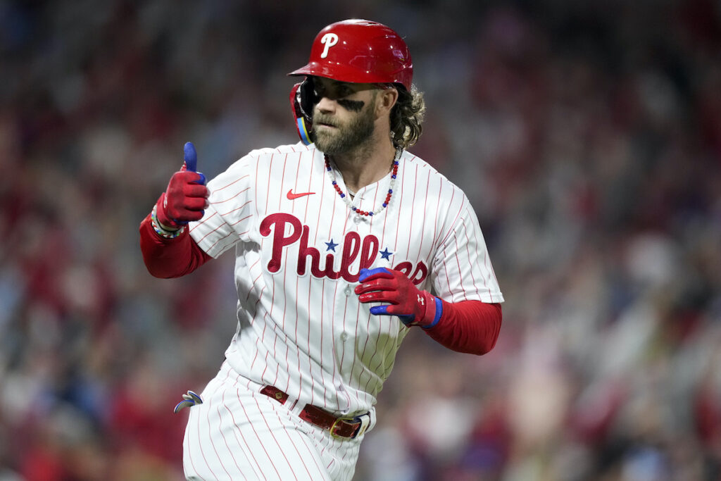 NLCS Diamondbacks Phillies Baseball Philadelphia Phillies' Bryce Harper celebrates after a home run against the Arizona Diamondbacks during the first inning in Game 1 of the baseball NL Championship Series in Philadelphia, Monday, Oct. 16, 2023.