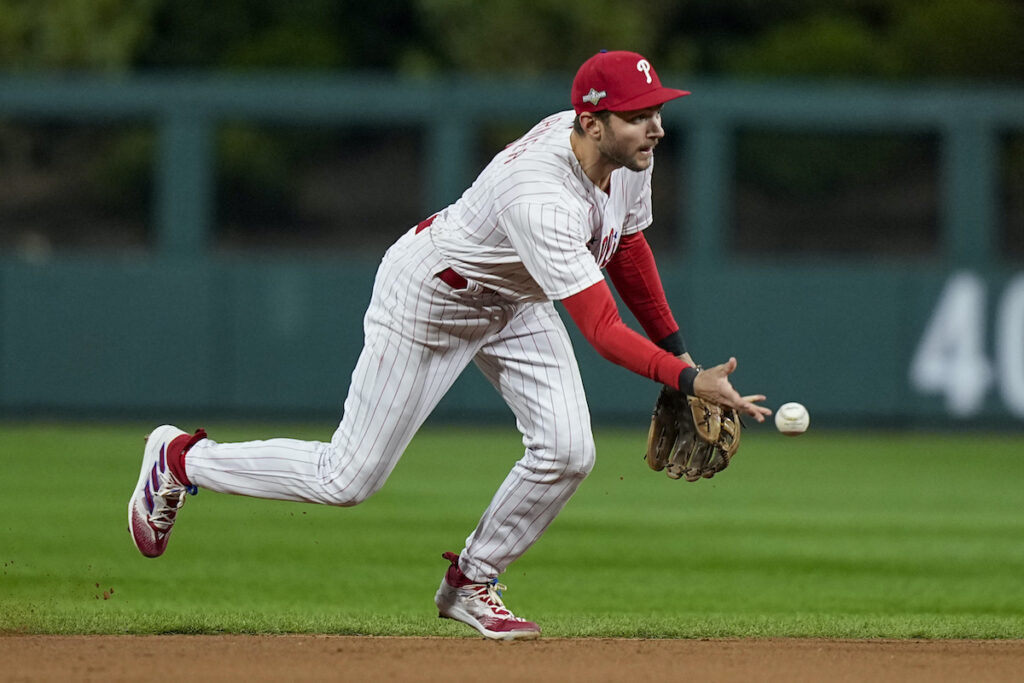 NLCS Diamondbacks Phillies Baseball Philadelphia Phillies shortstop Trea Turner throws out Arizona Diamondbacks' Gabriel Moreno at second during the fourth inning in Game 2 of the baseball NL Championship Series in Philadelphia, Tuesday, Oct. 17, 2023.