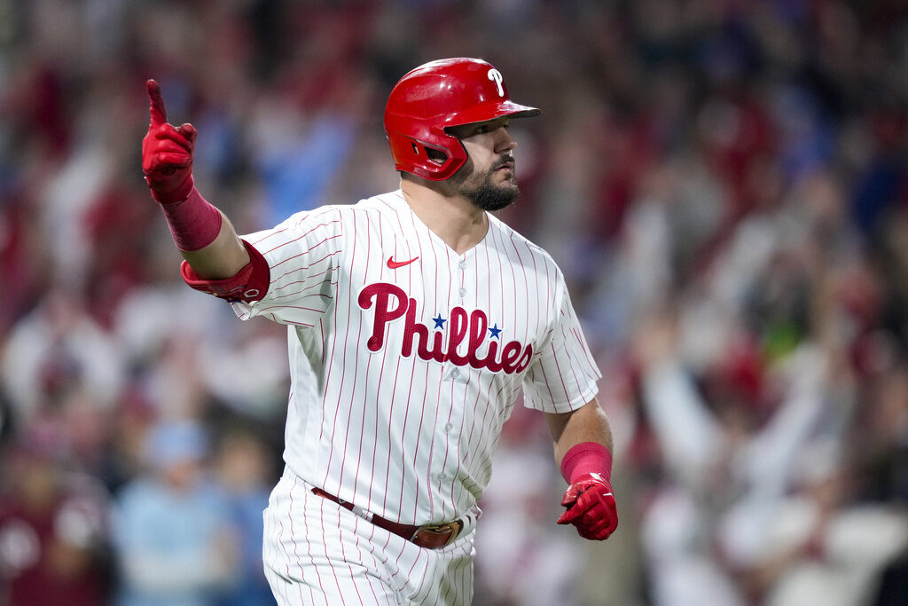 NLCS Diamondbacks Phillies Baseball Kyle Schwarber celebrates after hitting a home run