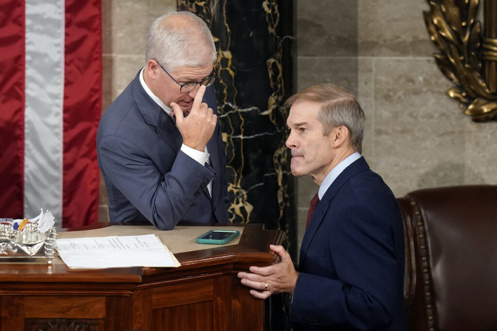 APTOPIX Congress Speaker Temporary House leader Rep. Patrick McHenry, R-N.C., talks with Rep. Jim Jordan, R-Ohio, as Republicans try to elect Jordan in a second ballot to be the new House speaker, at the Capitol in Washington, Wednesday, Oct. 18, 2023. (AP Photo/Alex Brandon)