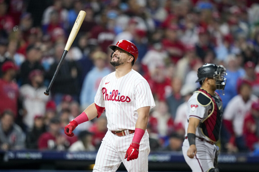 NLCS Diamondbacks Phillies Baseball Philadelphia Phillies' Kyle Schwarber reacts after striking out against the Arizona Diamondbacks during the fifth inning in Game 6 of the baseball NL Championship Series in Philadelphia Monday, Oct. 23, 2023. (AP Photo/Matt Slocum)