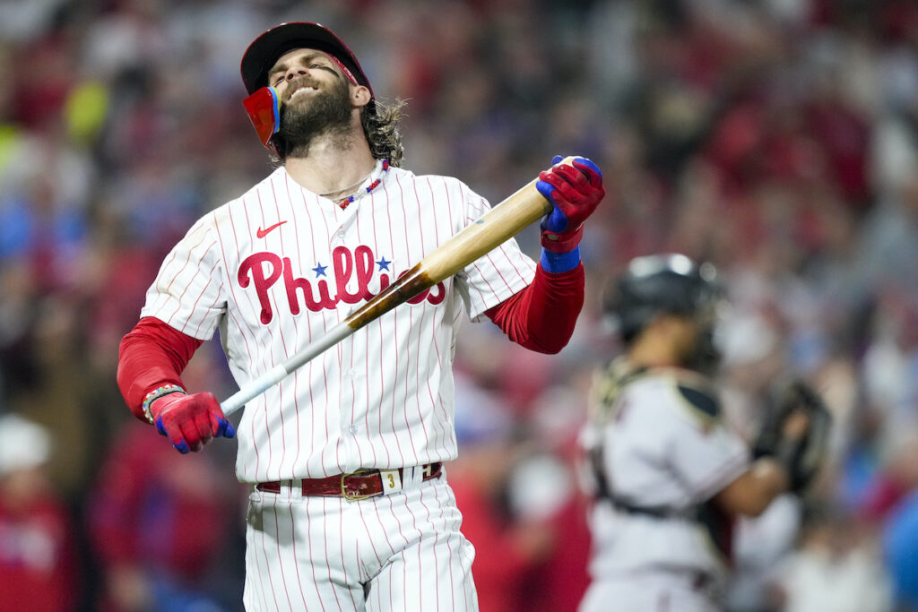 NLCS Diamondbacks Phillies Baseball Philadelphia Phillies' Bryce Harper reacts after flying out to end the fifth inning against the Arizona Diamondbacks in Game 7 of the baseball NL Championship Series in Philadelphia Tuesday, Oct. 24, 2023. (AP Photo/Matt Slocum)