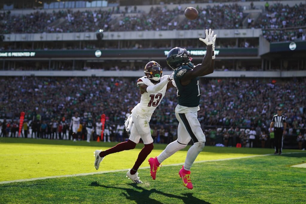 Commanders Eagles Football Eagles A.J. Brown & Commanders cornerback Emmanuel Forbes