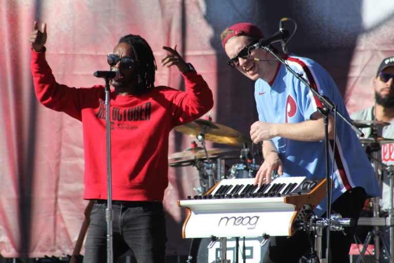 Performances took place on a stage set up next to Citizens Bank Park for the NLCS. (Cory Sharber/WHYY)