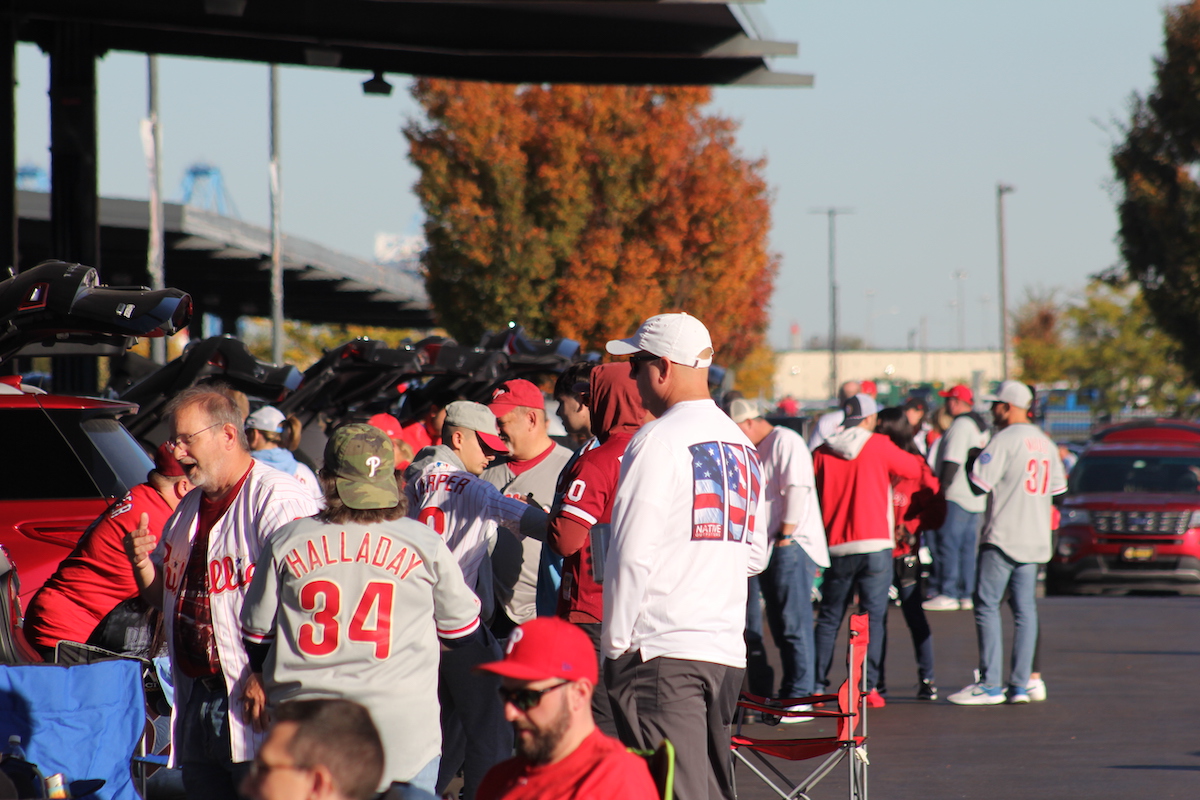 Thousands packed the South Philadelphia Sports Complex ahead of Game 6 of the National League Championship Series on Oct. 23, 2023. (Cory Sharber/WHYY)