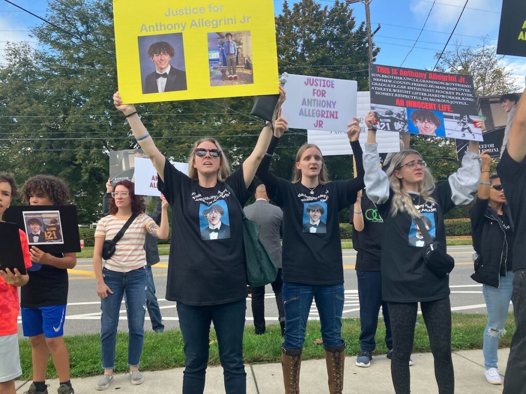 allegrini-rally-4 Anthony Allegrini Jr.'s mother Jennifer Allegrini, his sister Jessica Skladanowski and his girlfriend Reagan Hocking demand justice outside a PA State Police building near Belmont Avenue and Monument Road.
