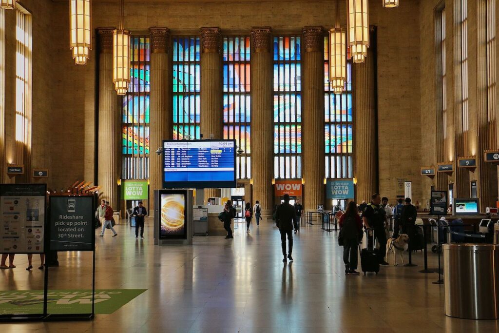amtrak-art-7 Art installation visible in windows of the train station