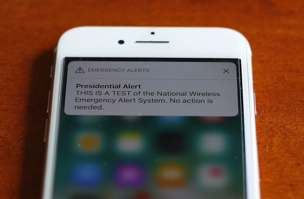 The first test of the national wireless emergency system by the Federal Emergency Management Agency is shown on a cellular phone in 2018. This year’s test will look a lot like this. The first test of the national wireless emergency system by the Federal Emergency Management Agency is shown on a cellular phone in 2018. This year's test will look a lot like this.