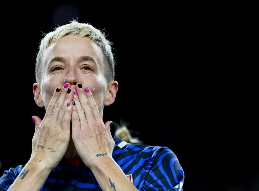 OL Reign forward Megan Rapinoe blows a kiss during a ceremony honoring her career, after the team's NWSL soccer match against the Washington Spirit on Friday, Oct. 6, 2023, in Seattle. The Spirit and the Reign played to a scoreless draw in Rapinoe's final regular-season home game before her retirement at the end of the season.