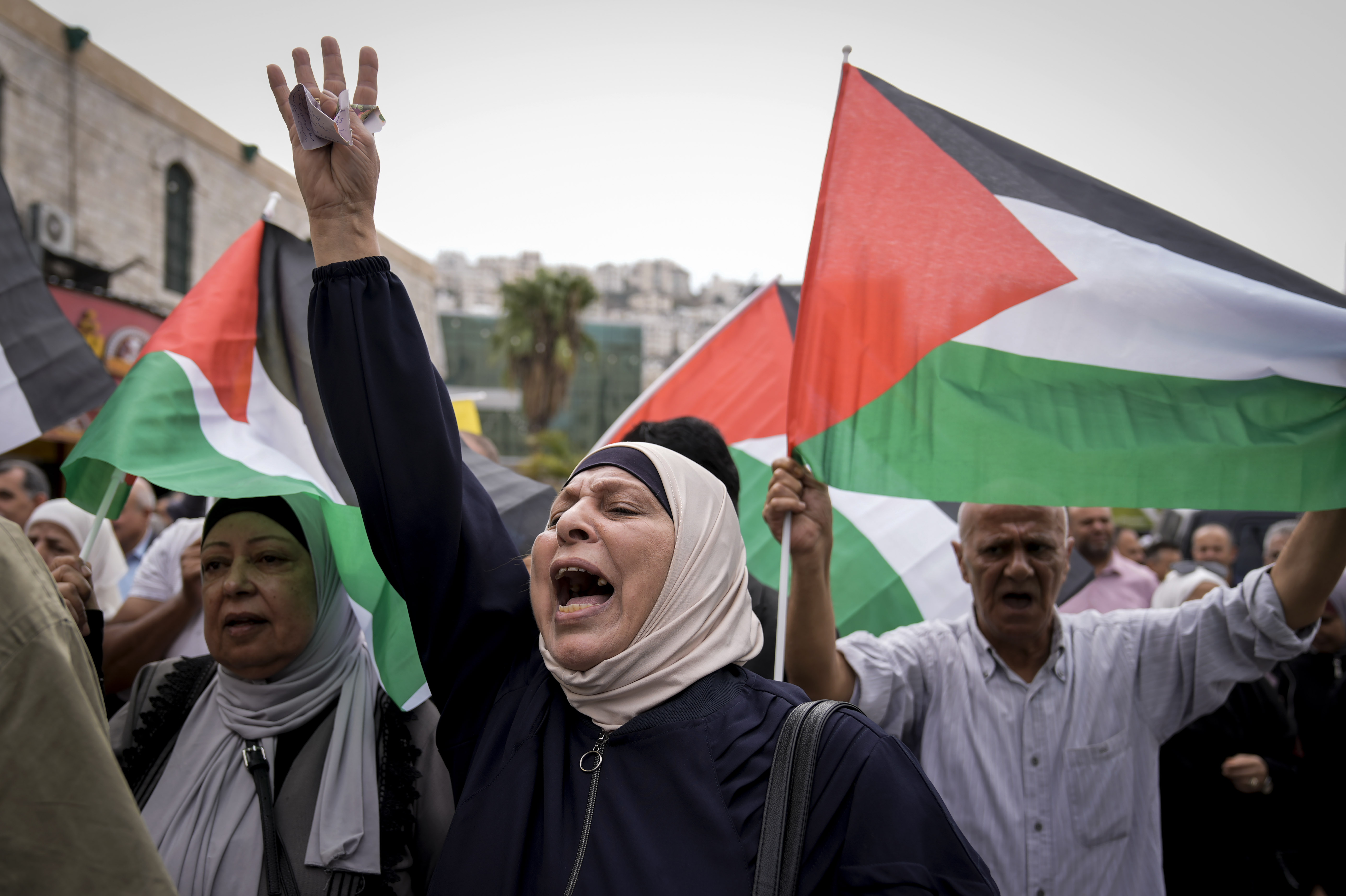 Palestinians wave flags at a rally