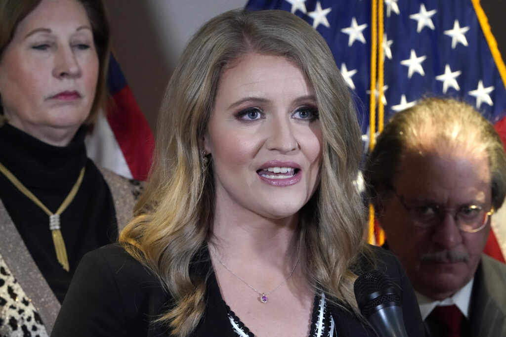 Jenna Ellis, a former member of then-President Donald Trump’s legal team, speaks during a news conference at Republican National Committee headquarters in Washington, D.C., on Nov. 19, 2020. Jenna Ellis, a former member of then-President Donald Trump's legal team, speaks during a news conference at Republican National Committee headquarters in Washington, D.C., on Nov. 19, 2020. (Jacquelyn Martin/AP)