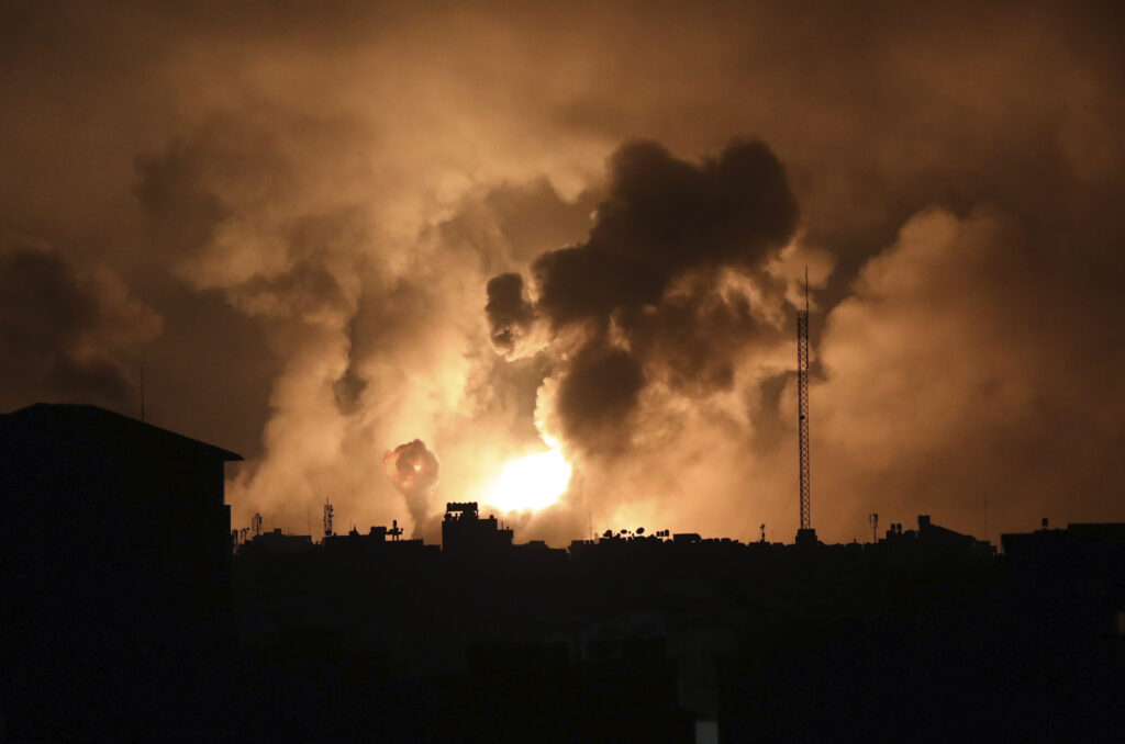 Explosions caused by Israeli airstrikes in the northern Gaza Strip, on Friday. Fire and smoke from Israeli airstrikes visible in the northern Gaza Strip