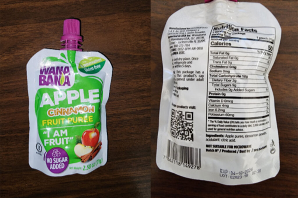 This photo provided by the U.S. Food and Drug Administration on Oct. 28, 2023, shows a WanaBana apple cinnamon fruit puree pouch. This photo provided by the U.S. Food and Drug Administration on Oct. 28, 2023, shows a WanaBana apple cinnamon fruit puree pouch.