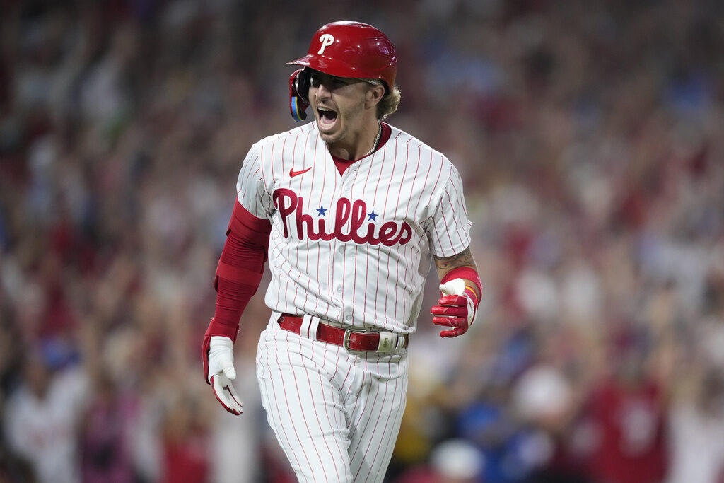 Marlins Phillies Baseball Philadelphia Phillies' Bryson Stott reacts after hitting a grand slam