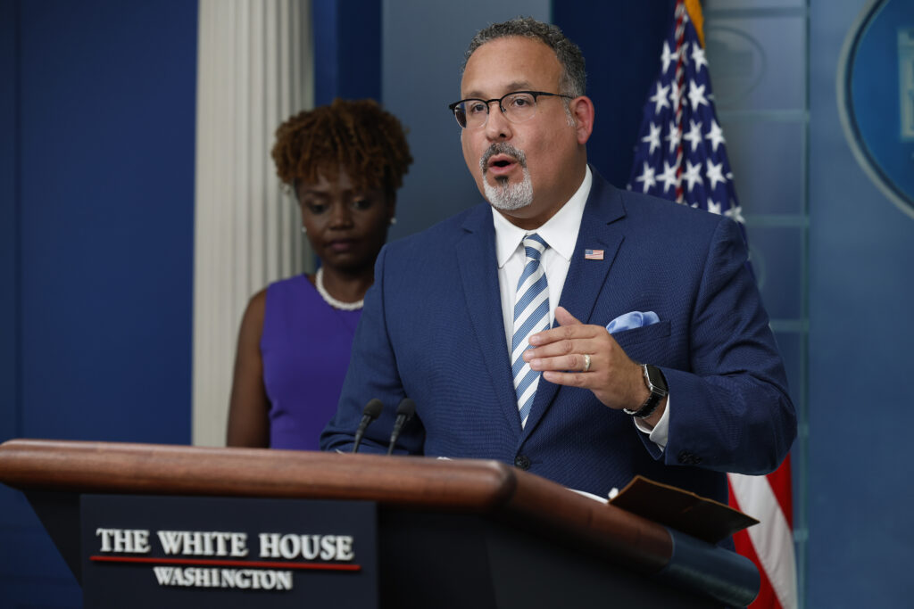 Education Secretary Miguel Cardona talks to reporters during the daily news conference in the Brady Press Briefing Room at the White House on June 30, 2023 in Washington, D.C. (Chip Somodevilla/Getty Images)