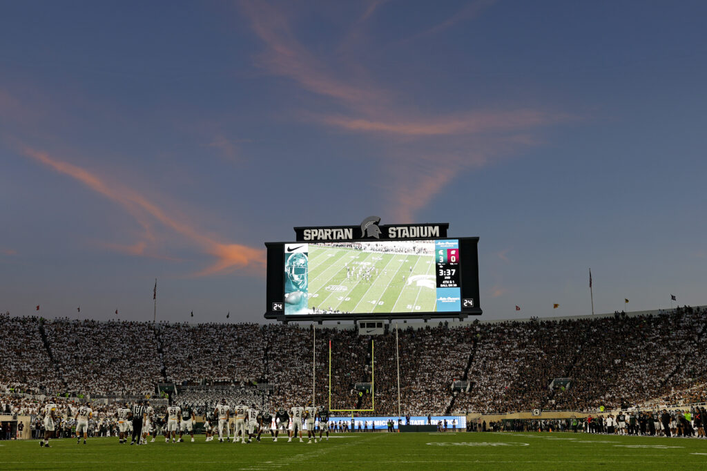 A general view as the sun sets during a game between the Central Michigan Chippewas and the Michigan State Spartans at Spartan Stadium on Sept. 1, 2023 in East Lansing, Mich. (Mike Mulholland/Getty Images)
