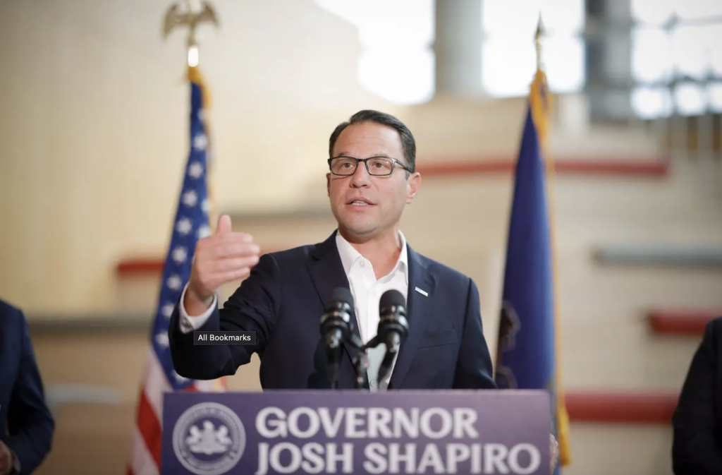 Gov. Josh Shapiro is seen speaking in Pittsburgh, Pennsylvania.