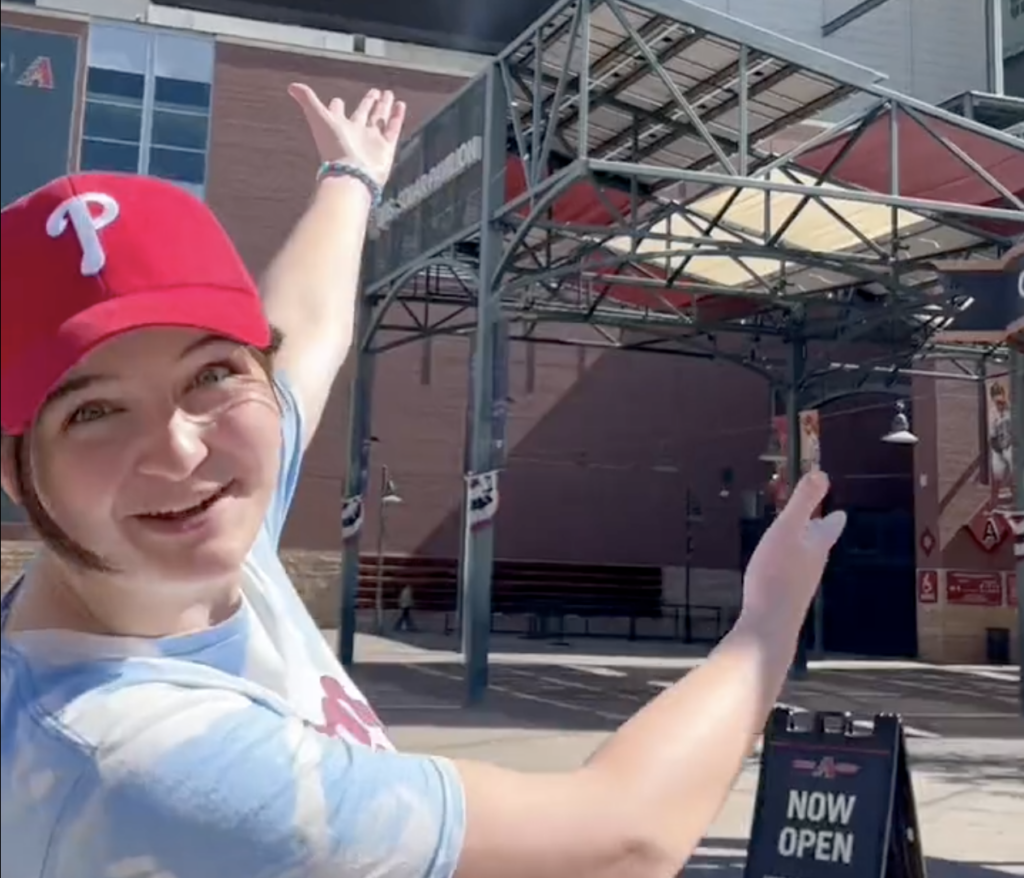 grace-del-pizzo-phillies-twitter-2023-10-20 Grace Del Pizzo in front of the baseball stadium