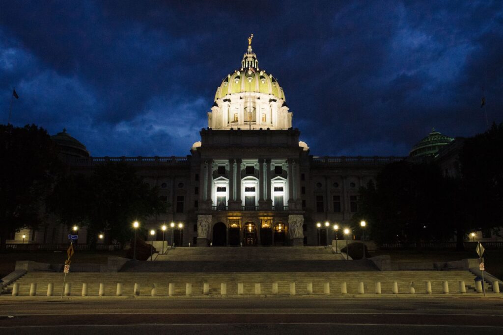 harrisburg-pennsylvania-capitol-spotlight-pa-2023-10-20 Pennsylvania Capitol building at night