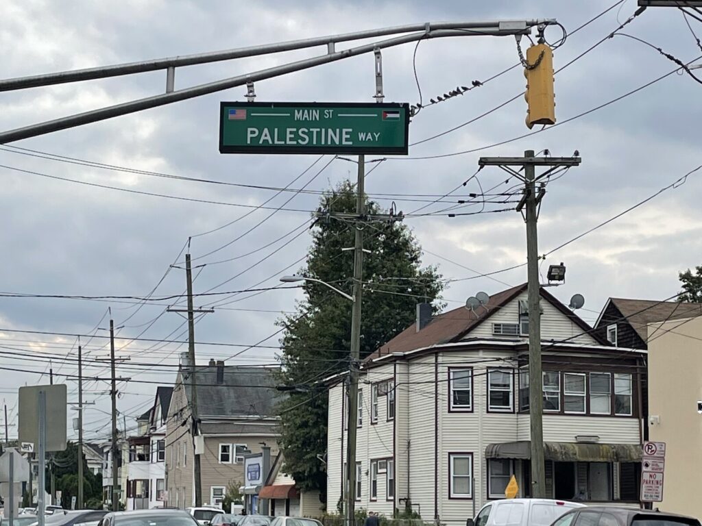 img_2079-a1270afaa0b3afd9b332722d201f518f5697186c-s1600-c85 A sign reads Palestine Way. Houses are visible in the background.