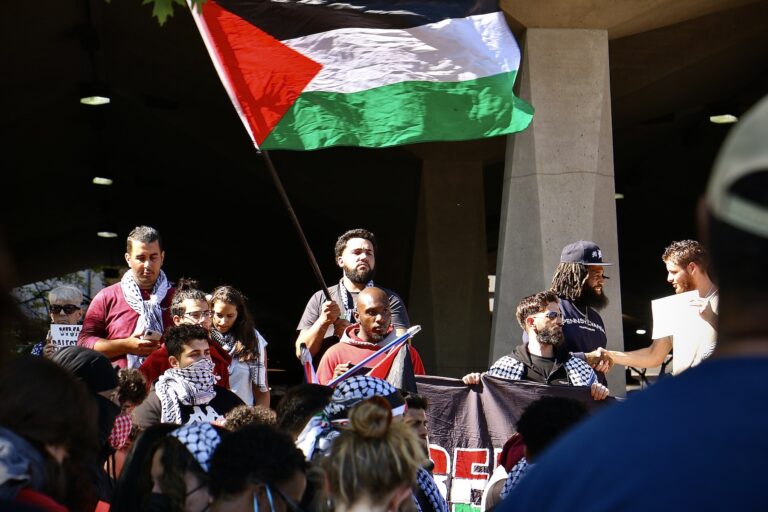A person waves a Palestinian flag at the rally