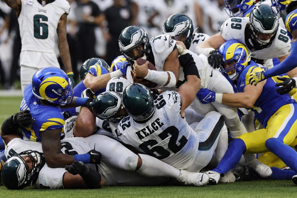 jalenhurts-brotherlyshove-eagles-01-scaled The Philadelphia Eagles regularly run the quarterback sneak, aka the tush push, aka the brotherly shove — they're better at it than any other team in the NFL.