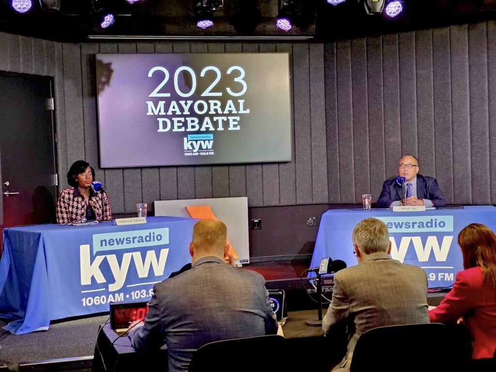 parker-oh-debate-kyw-t-macdonald-2023-10-26 debate stage with Cherelle Parker and David Oh