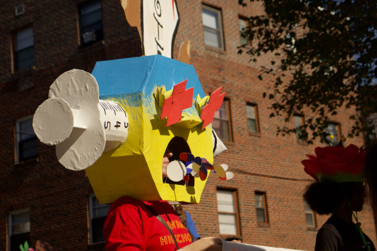 A close-up of a puppet mask on a person's head