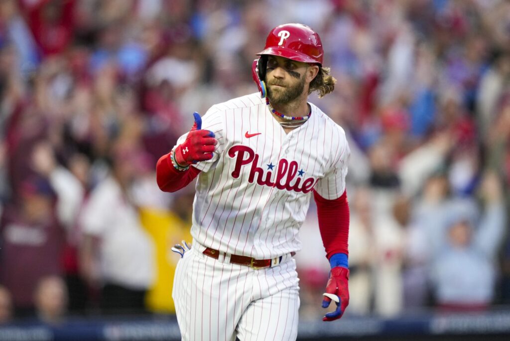 phillies-bryceharper-runs-scaled Philadelphia Phillies' Bryce Harper reacts after hitting a three run home run during the third inning of Game 3 of a baseball NL Division Series against the Atlanta Braves Wednesday, Oct. 11, 2023, in Philadelphia. (AP Photo/Matt Slocum)