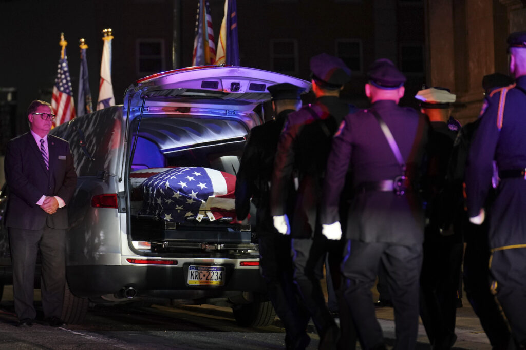 The casket arrives at the Cathedral Basilica of Saints Peter & Paul in Philadelphia for the funeral service for slain Police Officer Richard Mendez, Tuesday Oct. 24, 2023.