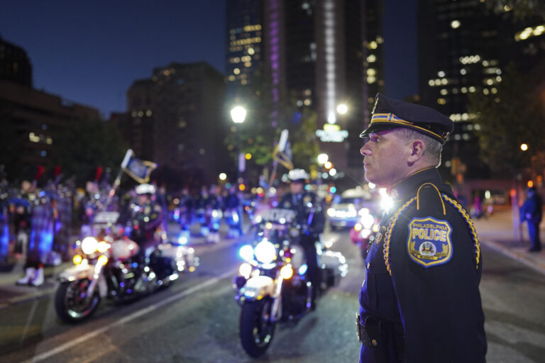 The funeral procession arrives at the Cathedral Basilica of Saints Peter & Paul in Philadelphia for the funeral service for slain Police Officer Richard Mendez, Tuesday Oct. 24, 2023.