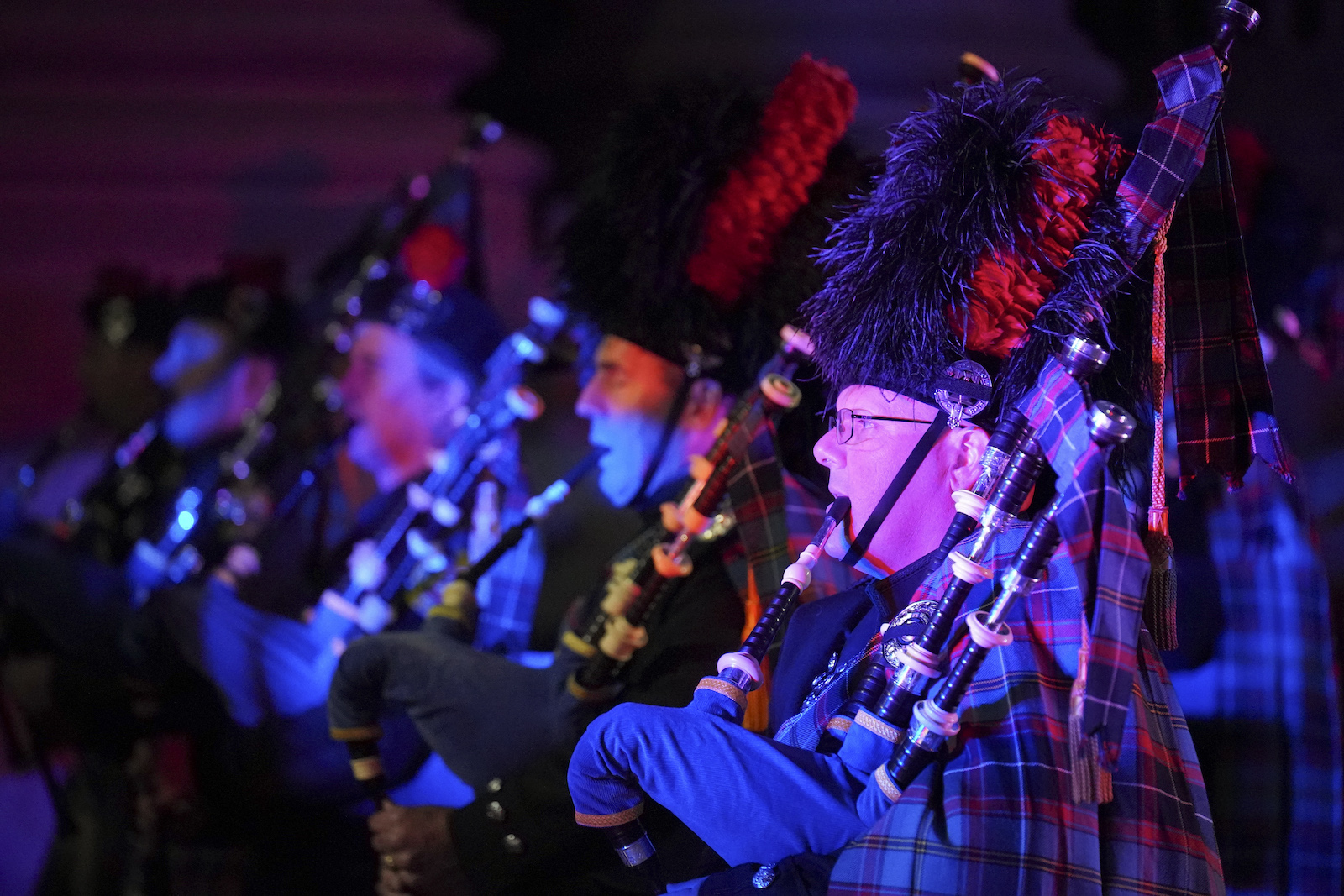 Bagpipers play as the casket arrives at the Cathedral Basilica of Saints Peter & Paul in Philadelphia for the funeral service for slain Police Officer Richard Mendez, Tuesday Oct. 24, 2023.