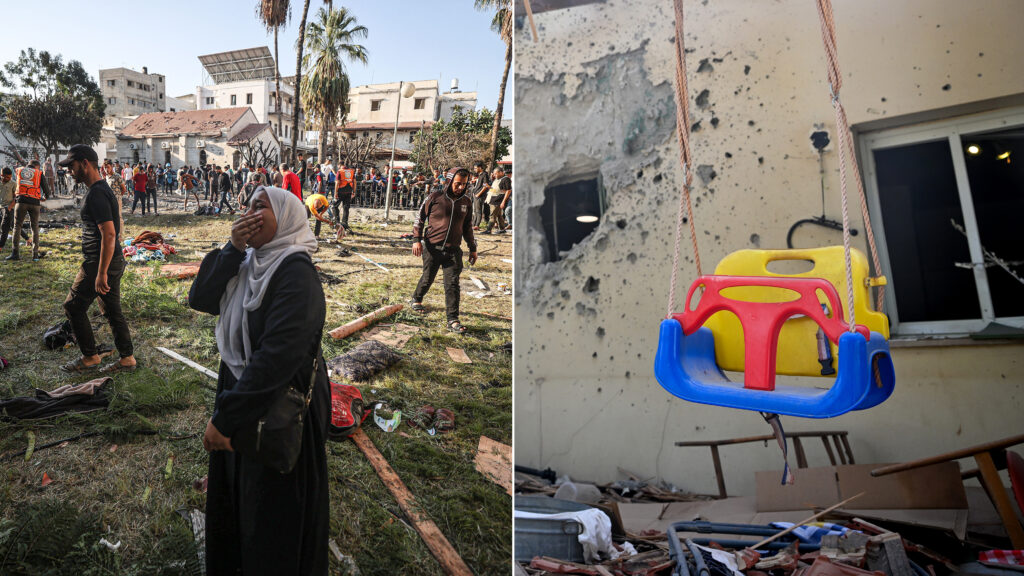 Left: A Palestinian woman cries at the garden of Al-Ahli Arabi Baptist Hospital after it was hit in Gaza City, Gaza on Oct. 18. Right: After an attack by Hamas on a kibbutz near the Gaza border, a swing is left intact while most of this family’s house is in ruins. Five family members were kidnapped. Left: A Palestinian woman cries at the garden of Al-Ahli Arabi Baptist Hospital after it was hit in Gaza City, Gaza on Oct. 18. Right: After an attack by Hamas on a kibbutz near the Gaza border, a swing is left intact while most of this family's house is in ruins.