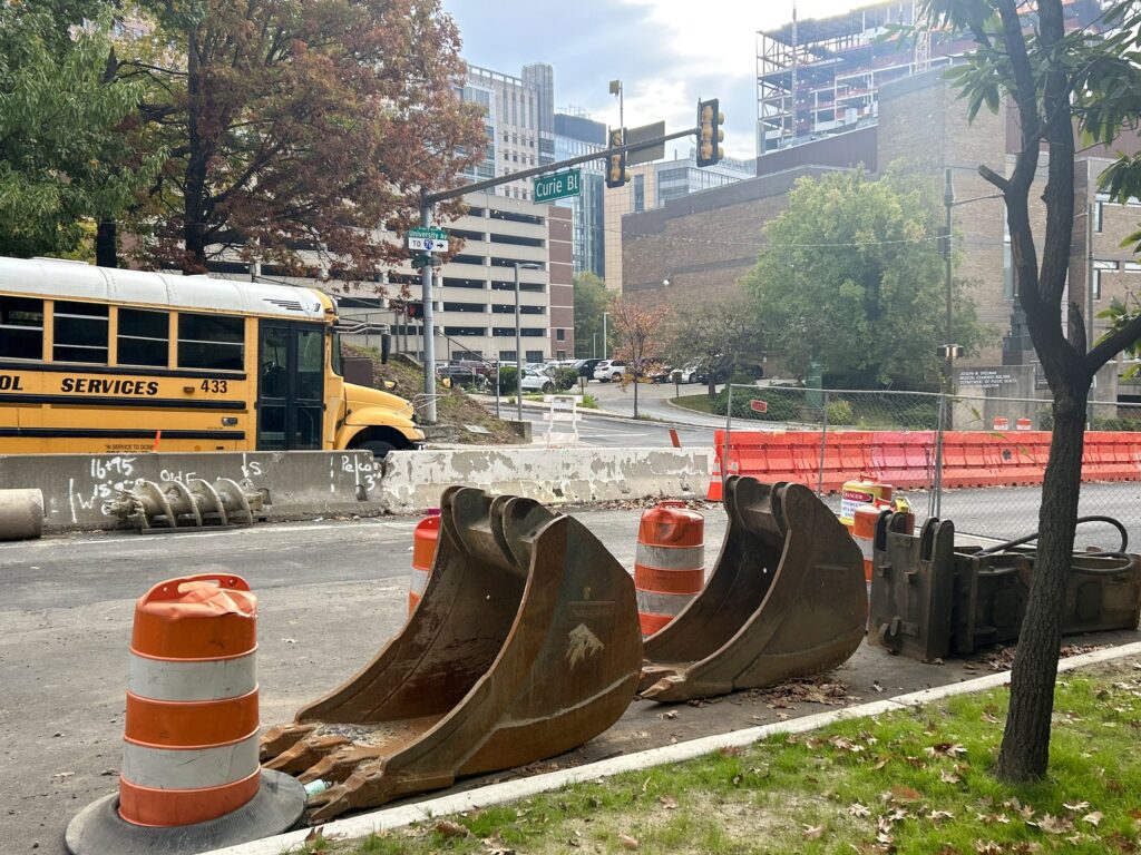 universityavenue-westphilly-construction-1-scaled Construction on University Avenue, seen here at Curie Boulevard, has reduced traffic from two lanes in each direction to one. It's been that way for over a year, and still has a ways to go