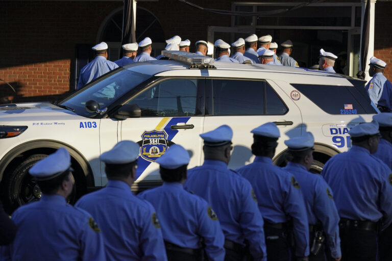 The command staff of the Philadelphia Police Department marches to the viewing for slain Police Officer Richard Mendez, Monday Oct. 23, 2023, in Northeast Philadelphia.